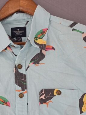American Eagle Outfitters Light Blue Toucan-Print Button-Down Shirt